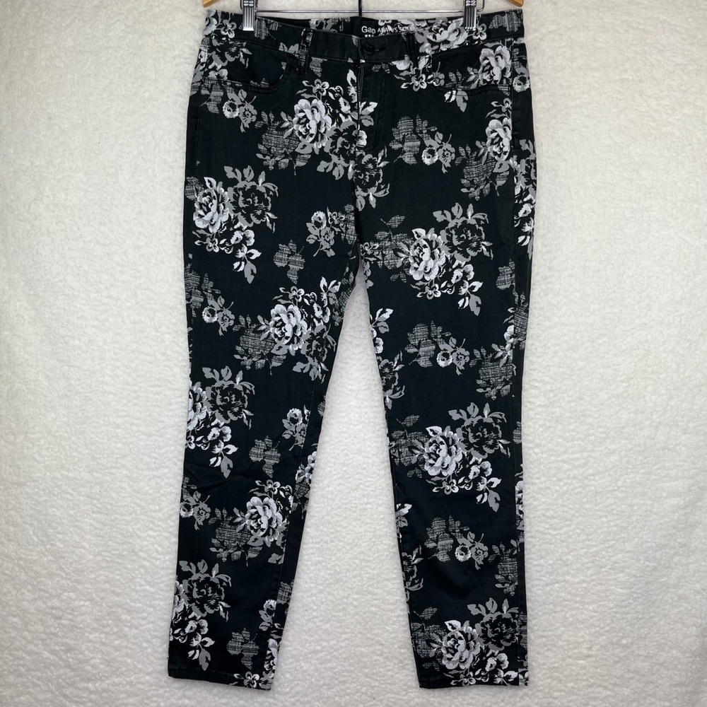 Gap Always Skinny Pants Womens 14 Black White Floral Print Mid Rise Slim Leg